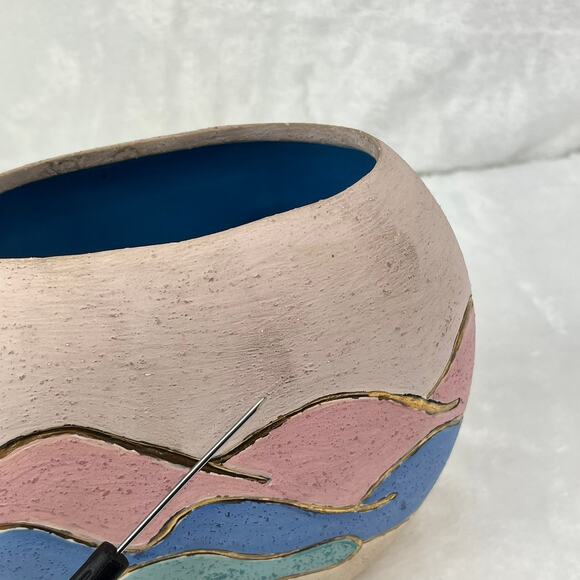 Southwestern Desert Scene Pottery Vase Cactus Sunset Relief Painted 5.5 Handmade - Picture 12 of 13